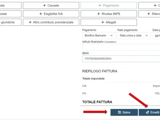 Interfaccia per la gestione di una fattura cartacea regime forfettario, con riepilogo e opzioni di salvataggio o emissione.