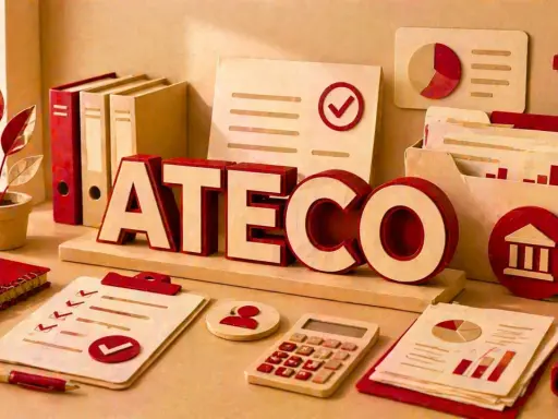Scrivania con lettere "ATECO", cartelle, grafici e calcolatrice. Simboleggia la gestione delle attività e il potenziale costo aggiunta codice ateco.