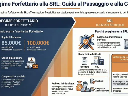 Guida al passaggio da regime forfettario a SRL: soglie di fatturato, cause di esclusione, deducibilità costi e tassazione. La SRL offre autonomia patrimoniale perfetta.