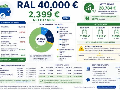 RAL 40.000€ lordi si traducono in 2.399€ netti/mese. Il costo aziendale totale è di 52.650€, con un netto annuo di 28.784€.