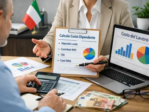 Analisi del costo del lavoro: si discute quanto paga il datore di lavoro di contributi INPS, TFR e costi INAIL, con grafici e calcolatrice.