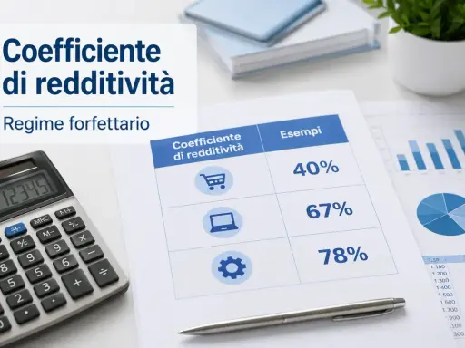 Calcolatrice e fogli con grafici mostrano il **coefficiente forfettario** per diversi settori, con esempi di redditività.