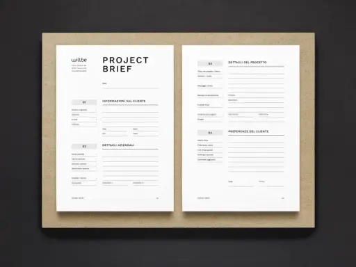 Il **brief** di progetto, un documento essenziale per definire obiettivi e dettagli, pronto per essere compilato.