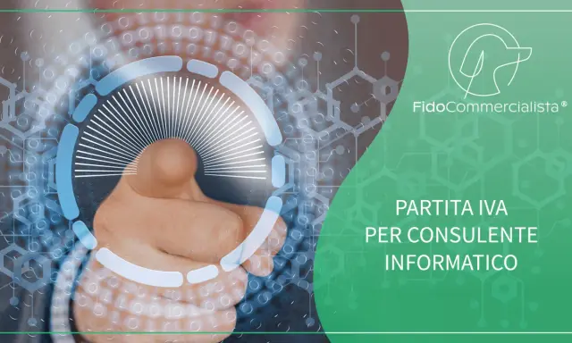 Dito che tocca un'interfaccia digitale con testo "Partita IVA per consulente informatico".