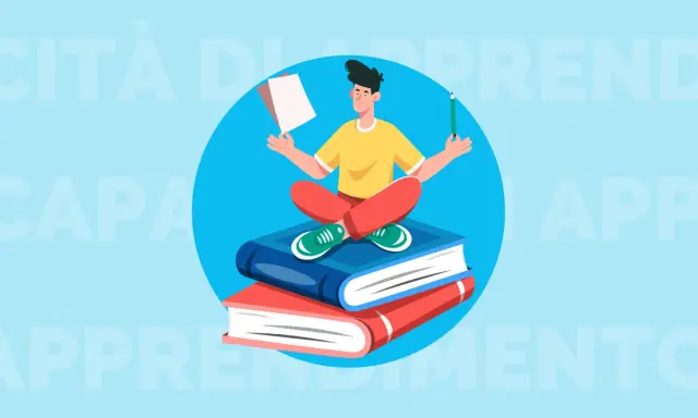 Ragazzo medita su libri, simbolo di crescita e sviluppo delle proprie capacità e competenze.