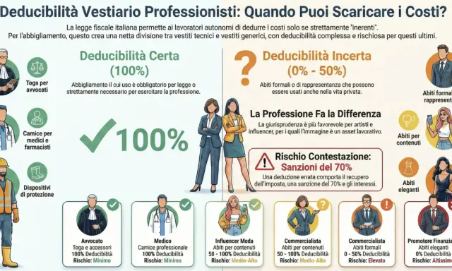 Infografica sulla deducibilità delle consulenze professionali per l'abbigliamento. Illustra la differenza tra spese deducibili al 100% (es. toga avvocato) e quelle con deducibilità incerta (0-50%), evidenziando i rischi.