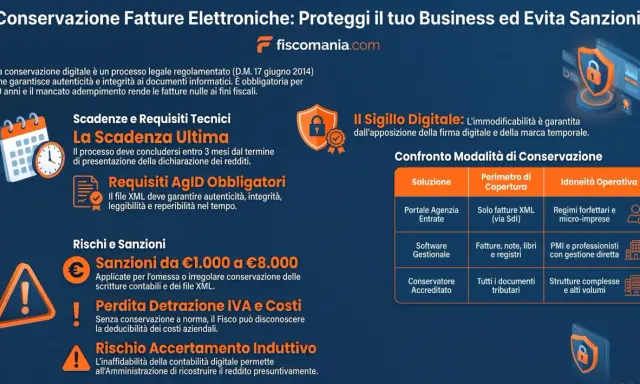 Conservazione fatture elettroniche: rischi, sanzioni e perdite di detrazione IVA. La gestione digitale è fondamentale per la tua attività.