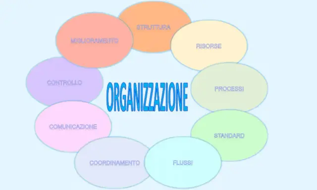Schema del **modello organizzativo aziendale**: struttura, risorse, processi, standard, flussi, coordinamento, comunicazione, controllo e miglioramento.
