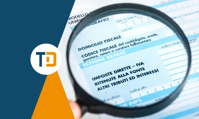 Lente d'ingrandimento su modello fiscale, sezione "Imposte Dirette - IVA", per analizzare l'importo imponibile con o senza IVA.