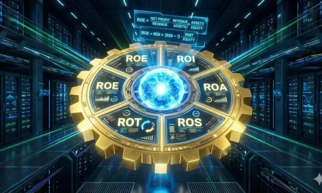 Ingranaggio dorato con indicatori finanziari (ROE, ROI, ROA, ROS) al centro di un data center futuristico. Analisi degli indici di redditività.