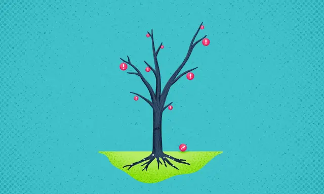 Albero spoglio con frutti a forma di punto esclamativo rosso. Un frutto è caduto a terra. Simboleggia il problem analysis.