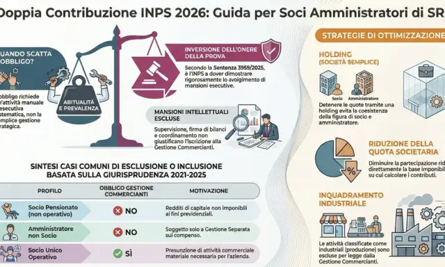 Guida INPS 2026 su contributi INPS amministratore SRL. Analizza casi di esclusione/inclusione, strategie di ottimizzazione e inversioni onere prova.