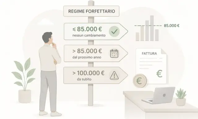 Uomo valuta il regime forfettario: se il fatturato è sotto gli 85.000€ nessun cambiamento, oltre si applicano nuove regole. Il limite partita IVA è cruciale.
