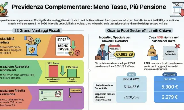 I contributi previdenziali deducibili per professionisti riducono l'IRPEF. L'immagine illustra i vantaggi fiscali, inclusa la deducibilità immediata.