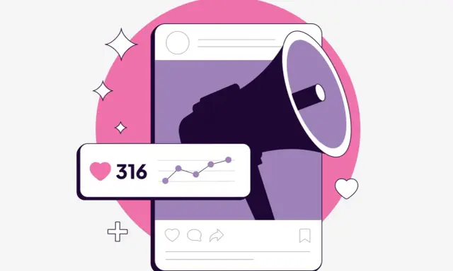 Grafica stilizzata di un megafono su uno schermo, con icone di like, commenti e condivisioni. Un grafico mostra l'andamento dei social media KPI.