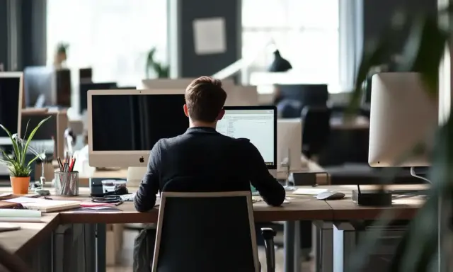 Uomo al computer in ufficio, concentrato sul suo lavoro. Potrebbe essere una ricerca per un job posting interno.