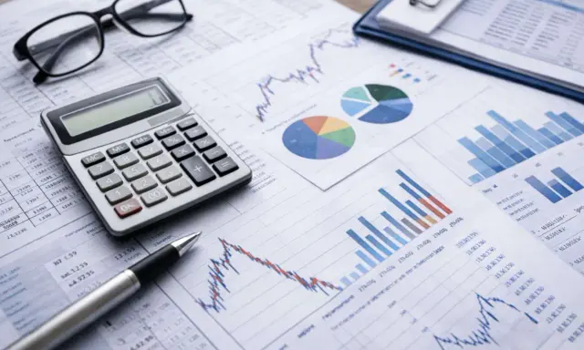 Occhiali, calcolatrice e grafici su fogli di calcolo, per un'analisi accurata del bilancio di competenza.