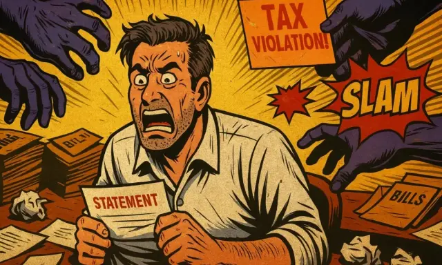 Uomo terrorizzato con mani viola che lo afferrano, avviso "TAX VIOLATION!" e "SLAM". Cosa succede se non pago le tasse?