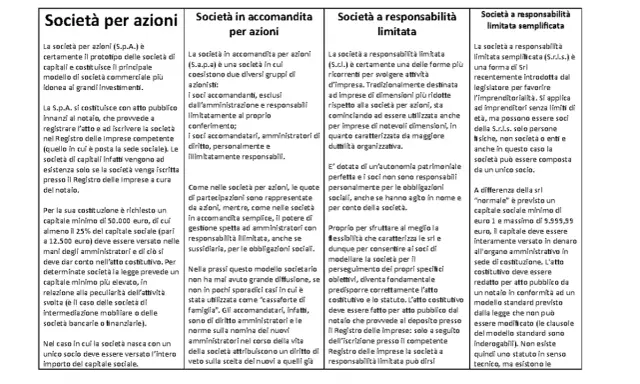 Panoramica dei tipi di società di capitali: S.p.A., S.a.p.a., S.r.l. e S.r.l.s. con dettagli su costituzione, capitale e responsabilità.