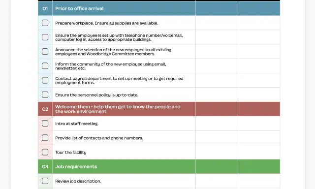 Checklist per l'onboarding di nuovi dipendenti, con dettagli su attività, responsabili e tempistiche, seguendo la policy aziendale.