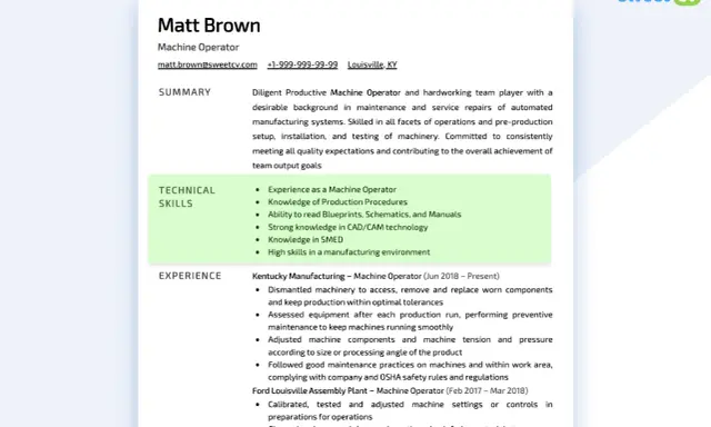 Matt Brown, Machine Operator, con solide competenze tecniche in produzione, CAD/CAM e manutenzione macchinari.