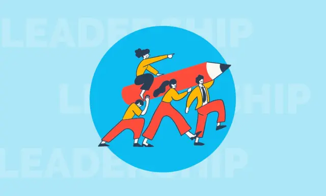 Un team spinge una matita rossa, con una persona che indica la direzione. Esemplifica la capacità di leadership e il lavoro di squadra.