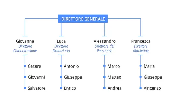 Organigramma significato: struttura gerarchica con Direttore Generale, direttori di dipartimento (Comunicazione, Finanziario, Personale, Marketing) e i loro collaboratori.