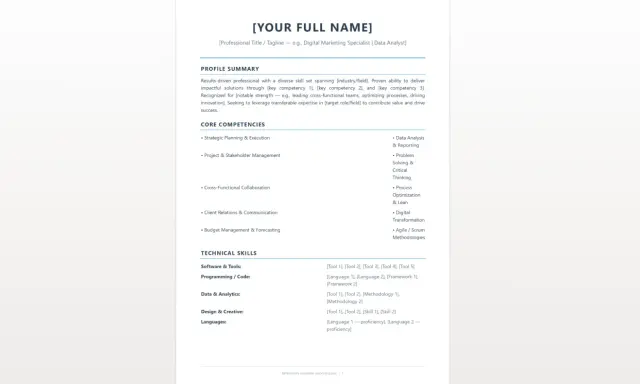 CV funzionale con riepilogo del profilo, competenze chiave e competenze tecniche. Elenca strumenti, linguaggi e metodologie.