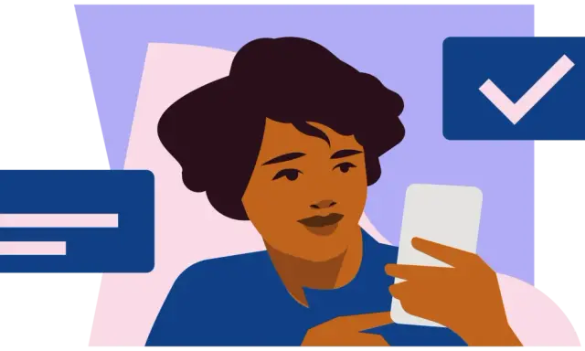 Donna con smartphone, icone di spunta e testo. Il **job posting significato** è chiaro: un'opportunità di lavoro.