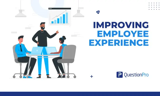 Migliorare l'employee experience: un team collabora attorno a un tavolo con laptop, mentre un grafico mostra crescita.