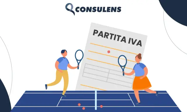 Due istruttori sportivi giocano a tennis davanti a un documento "Partita IVA".