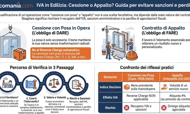 Illustrazione che confronta cessione con posa e appalto, evidenziando le differenze fiscali. Un prestatore di manodopera è raffigurato nel contesto di un appalto.