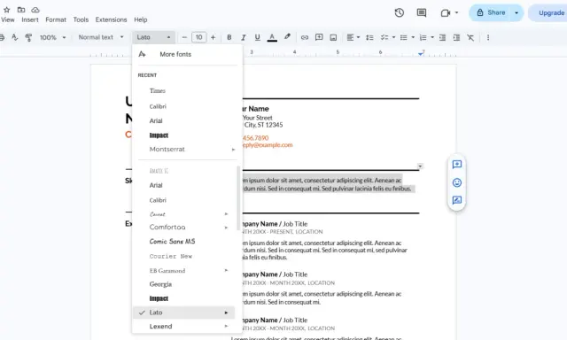 Menu font in Google Documenti per curriculum. Selezionato Lato, con altre opzioni disponibili.