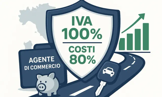 Agente di commercio: esempio calcolo ammortamento auto. IVA 100%, costi 80%. Grafico in crescita, salvadanaio e chiave auto.