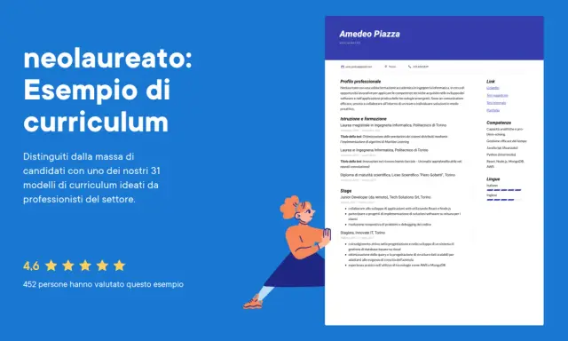 Esempio di curriculum per neolaureato, con hard skill esempi come JavaScript, Python, React, Node.js, MongoDB, AWS.