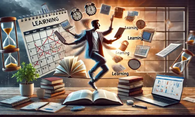Un uomo con molte braccia afferra libri, laptop e clessidre, simboleggiando l'apprendimento permanente e la crescita continua.