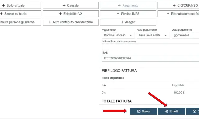 Interfaccia per la gestione di una fattura cartacea regime forfettario, con riepilogo e opzioni di salvataggio o emissione.