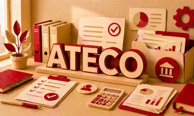 Scrivania con lettere "ATECO", cartelle, grafici e calcolatrice. Simboleggia la gestione delle attività e il potenziale costo aggiunta codice ateco.