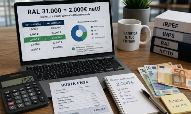 Calcolo RAL per 2.000€ netti mensili, con busta paga, calcolatrice e foglio spese. Il costo del personale è analizzato per pianificare il futuro.