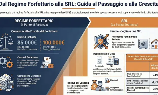 Guida al passaggio da regime forfettario a SRL: soglie di fatturato, cause di esclusione, deducibilità costi e tassazione. La SRL offre autonomia patrimoniale perfetta.