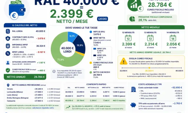 RAL 40.000€ lordi si traducono in 2.399€ netti/mese. Il costo aziendale totale è di 52.650€, con un netto annuo di 28.784€.