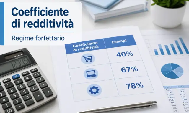 Calcolatrice e fogli con grafici mostrano il **coefficiente forfettario** per diversi settori, con esempi di redditività.