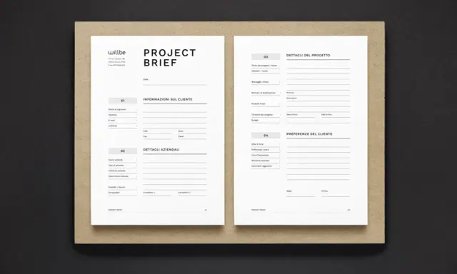 Il **brief** di progetto, un documento essenziale per definire obiettivi e dettagli, pronto per essere compilato.