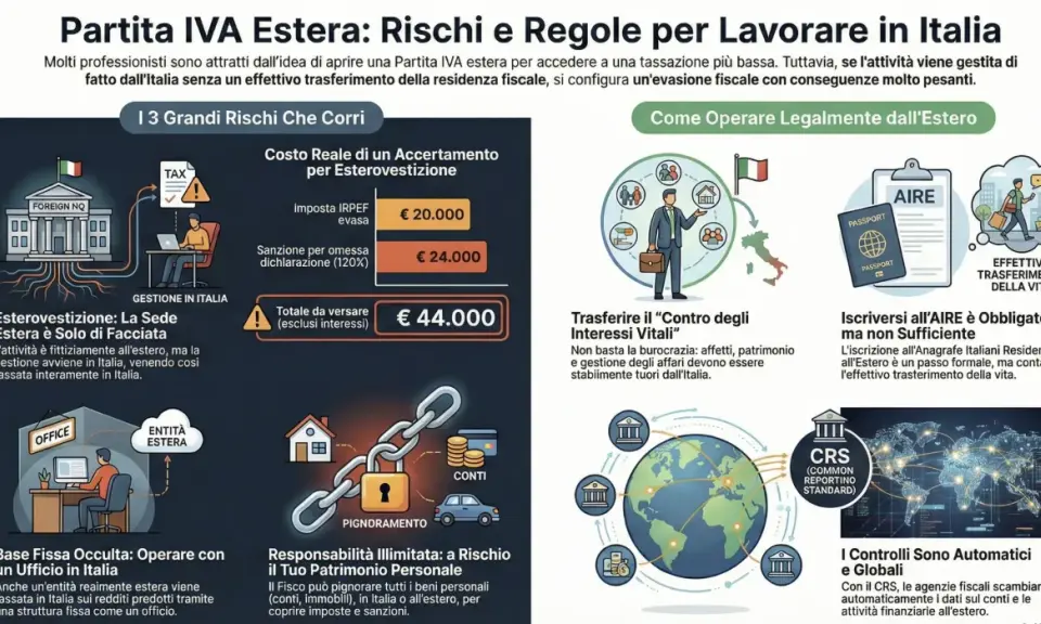 Partita IVA estera e lavoro in Italia: rischi di esterovestizione, costi reali, sanzioni e come operare legalmente all'estero con trasferimento effettivo.