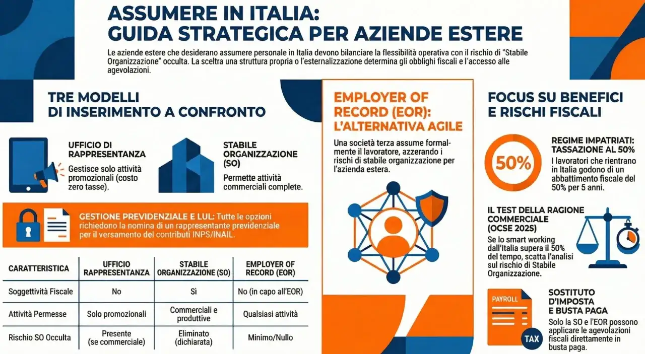Guida strategica per aziende estere in Italia: Ufficio di Rappresentanza, Stabile Organizzazione (SO) e Employer of Record (EOR). L'EOR, un'alternativa agile, gestisce il lavoratore azzerando i rischi di stabile organizzazione.