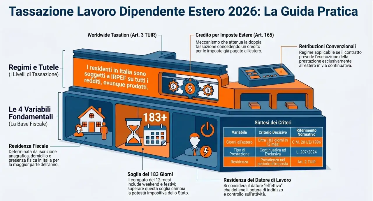 Guida alla tassazione del lavoro dipendente estero in Italia. Illustra i criteri per la partita IVA italiana e lavoro all'estero, la residenza fiscale e le variabili che influenzano le imposte.