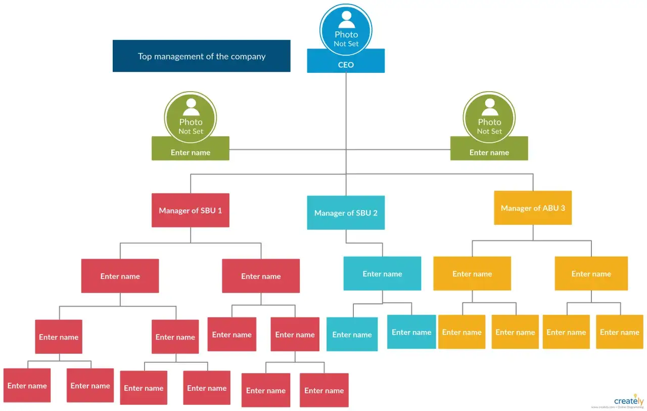 Diagramma che illustra il modello organizzativo aziendale, con livelli gerarchici che partono dal CEO e si diramano in diverse unità e ruoli.