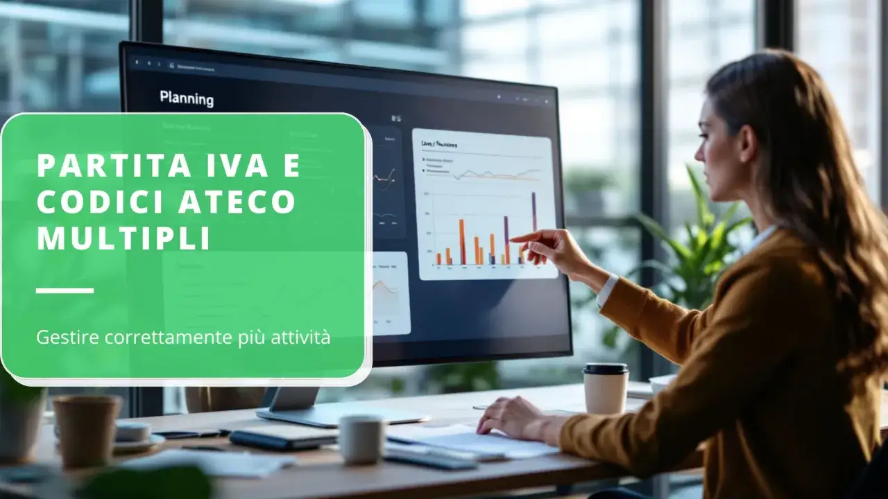 Donna analizza grafici su schermo, testo 