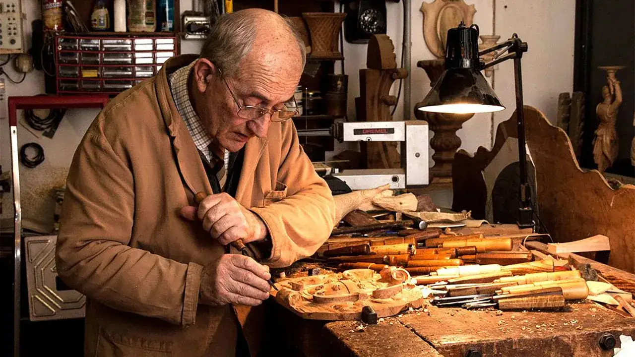 Maestro intagliatore, un vero prestatore di manodopera, scolpisce con maestria un pezzo di legno, circondato da attrezzi e opere d'arte.