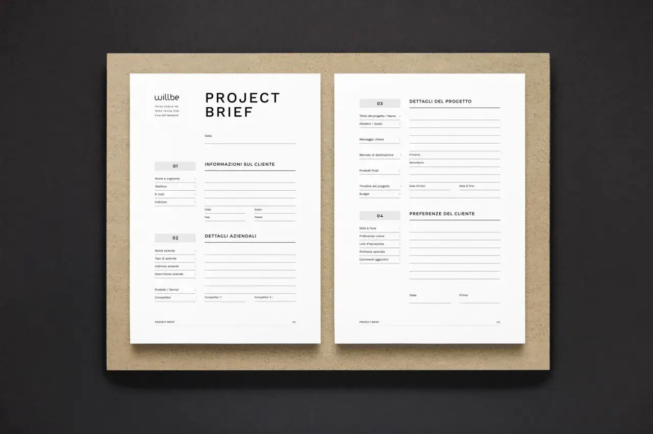 Il brief di progetto, un documento essenziale per definire obiettivi e dettagli, pronto per essere compilato.